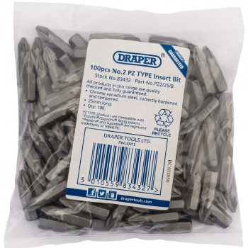 PZ TYPE Insert Bits, 1/4&rdquo;, No.2 (Bag of 100)
